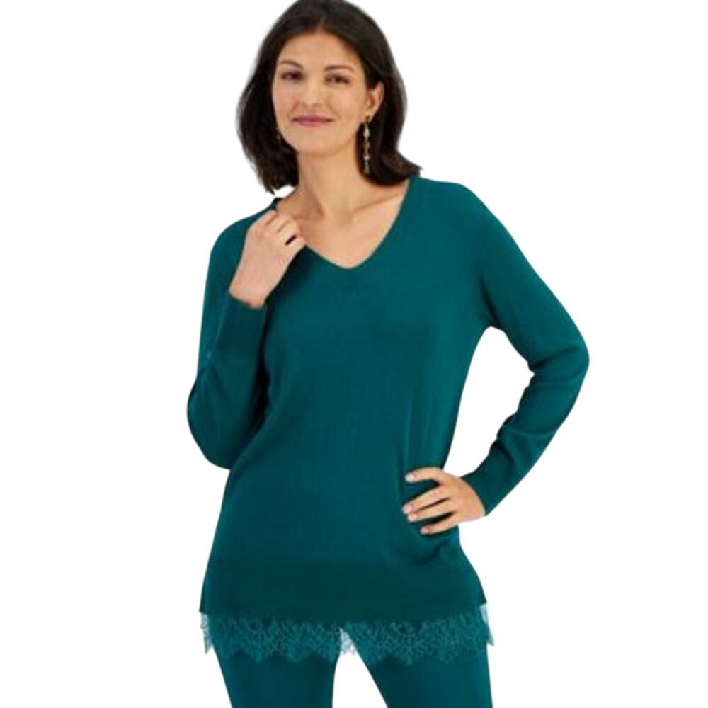 INC International Concepts Women's Lace-Trim Tunic Sweater in Jade Green